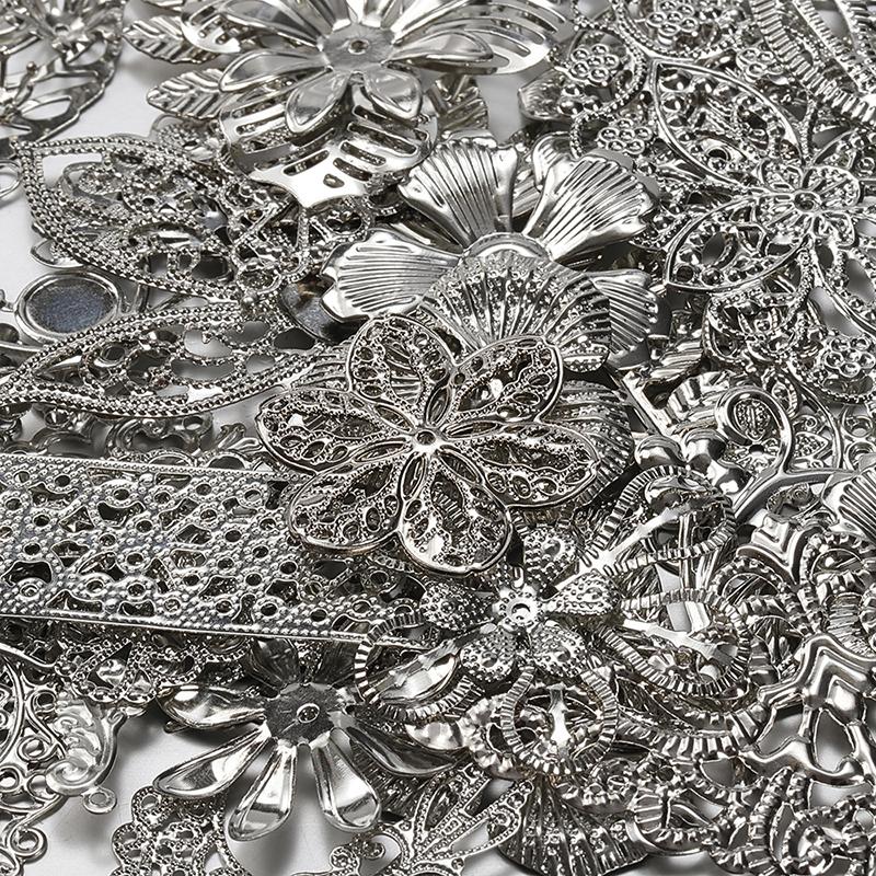 50 г/лот, смешанные металлические цветочные листья, филигранные обертки, соединители, подвески, бусины, колпачки