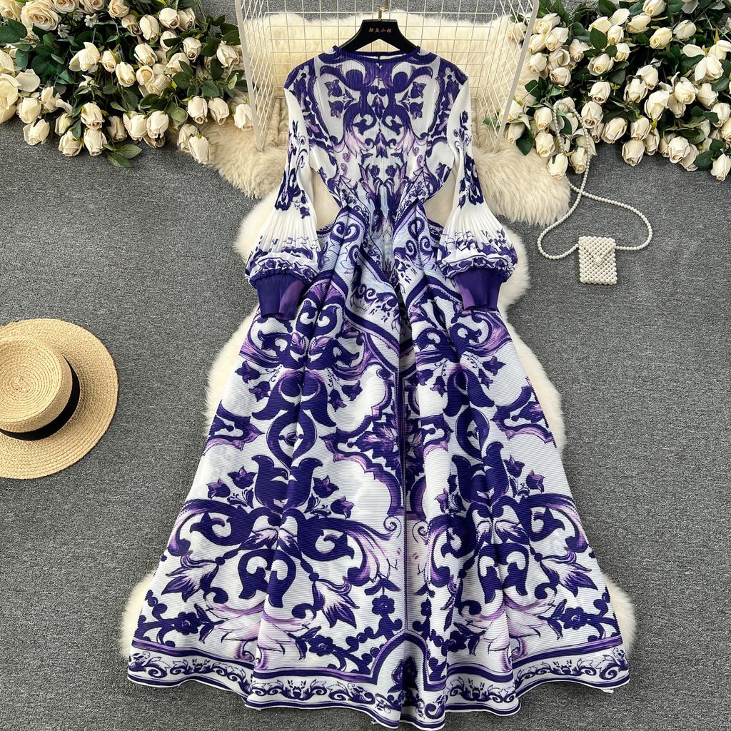French Senior Temperament Luxury Dress Ladies 2024 Newest O-Neck Ruched Print Tie Dye Design Fashion Chic Long Dress