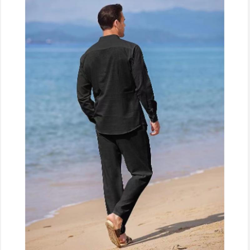 Мужской костюм, повседневный льняной комплект из двух предметов, рубашка с длинными рукавами и длинные брюки, мужской пляжный спортивный костюм