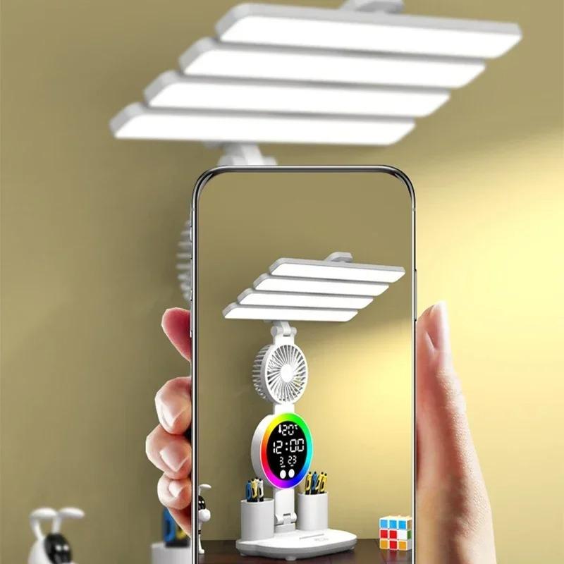 3 In1 Multifunction Table Lamp LED Four-headed Folding with Fan Calendar Clock USB Rechargeable Desk Light 3200mah Reading Lamp