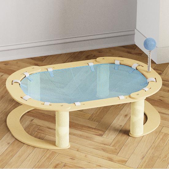 Elevated Cat Hammock Free-Standing Pet Bed Summer Breathable Raised Cat Hammock Bed with Spring Ball/Scratching Post for Indoor Cats