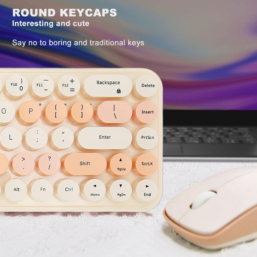 Wireless Keyboard and Mouse 68 Keys Cute Retro Round Keycap Typewriter Keyboard with Wireless Mouse 3 Computer Keyboard and Mouse Set for Home Office