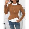 Autumn Winter Casual Fashion Patchwork Pleated Knitting Top Women Elegant Buttons Bottomed Sweater Top