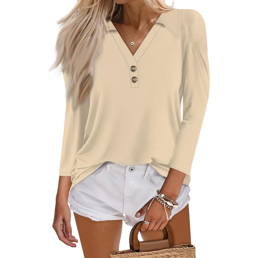 Женская летняя модная повседневная однотонная рубашка с v-образным вырезом и воротником на пуговицах с семиточечным принтом, топ