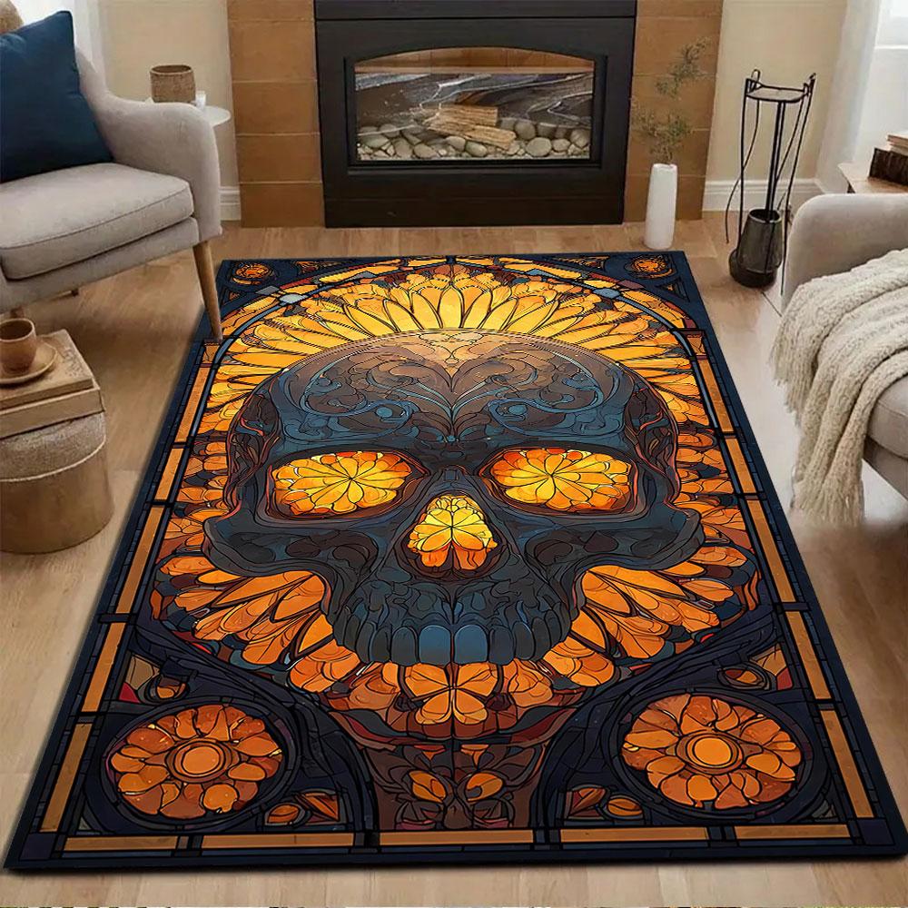 Stained Glass Skull Design Patterned carpet, non slip mat suitable for living room and bedroom sofas
