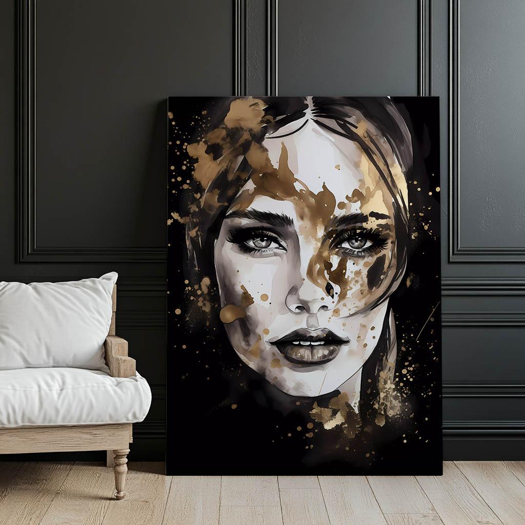 Face of a Woman In Black and Gold Face of a Woman In Black and Gold, 50X70 Cm, Unframed, Premium Canvas On Stretcher