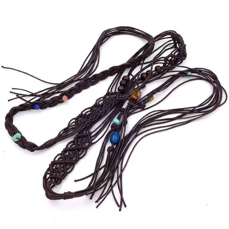 Hand-Woven Bohemian Waxed Cord Waist Chain - Retro Ethnic Tassel Style 