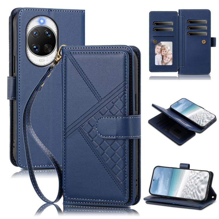 Embossed Secure Clasp 9-Card Slot Vegan Leather Phone Case with Wrist Strap