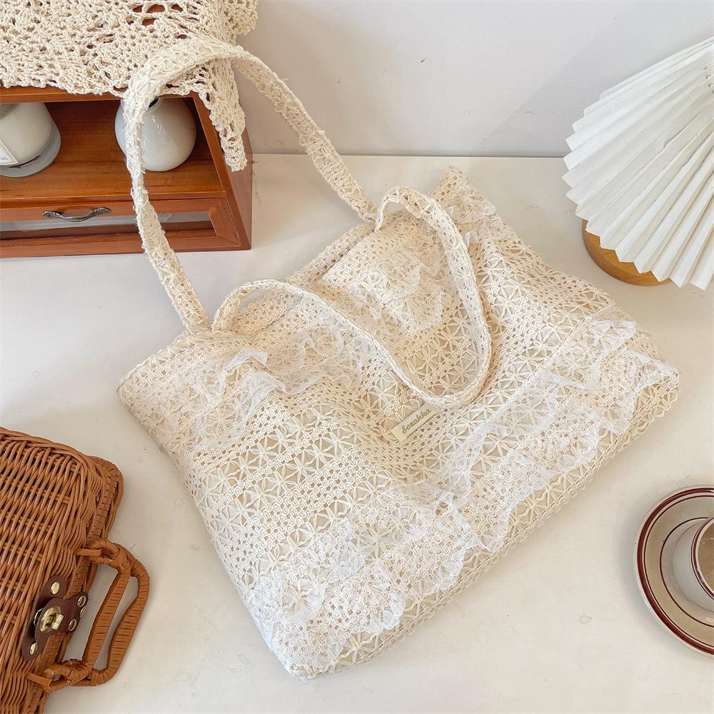Summer Leisure Vacation Shoulder Bag Fairy Lace Canvas Bag Large Capacity Tote Bag Hollow Beach Bag