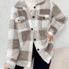 Women Autumn and Winter Open-button Lapel Plaid Coat Plaid Pattern Button Front Jacket Warm
