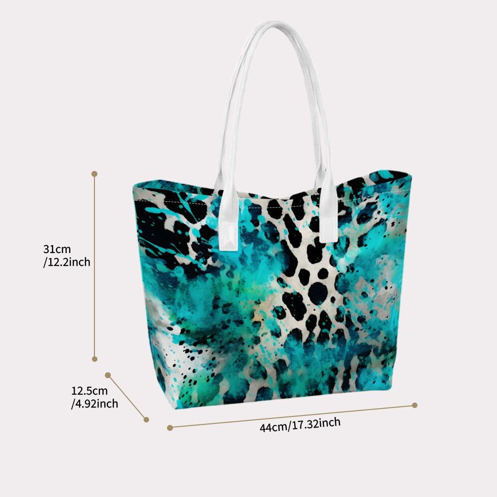 Watercolor Teal Leopard Print Tote Bag Fashion Daily Casual Top Handle Shoulder Bag for Women Outdoor Shopping