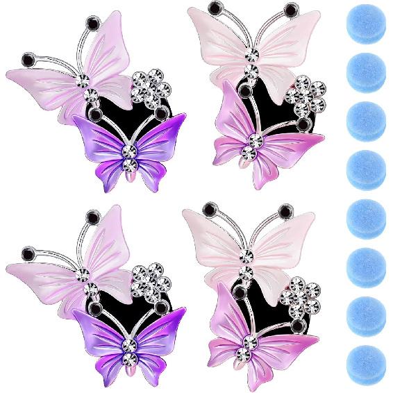 4 Pcs Car Air Freshener Vent Clips Dual Butterfly, Pink, Purple