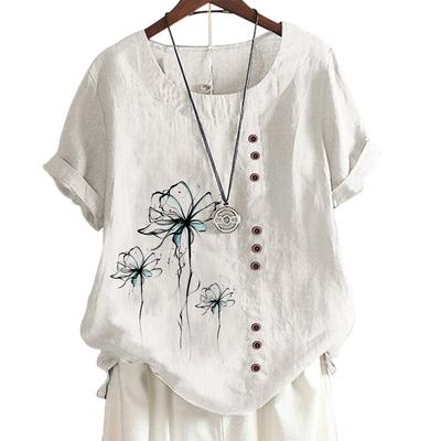 Женский свободный топ из хлопка с 7 художественными принтами, круглым вырезом, короткими рукавами и пуговицами