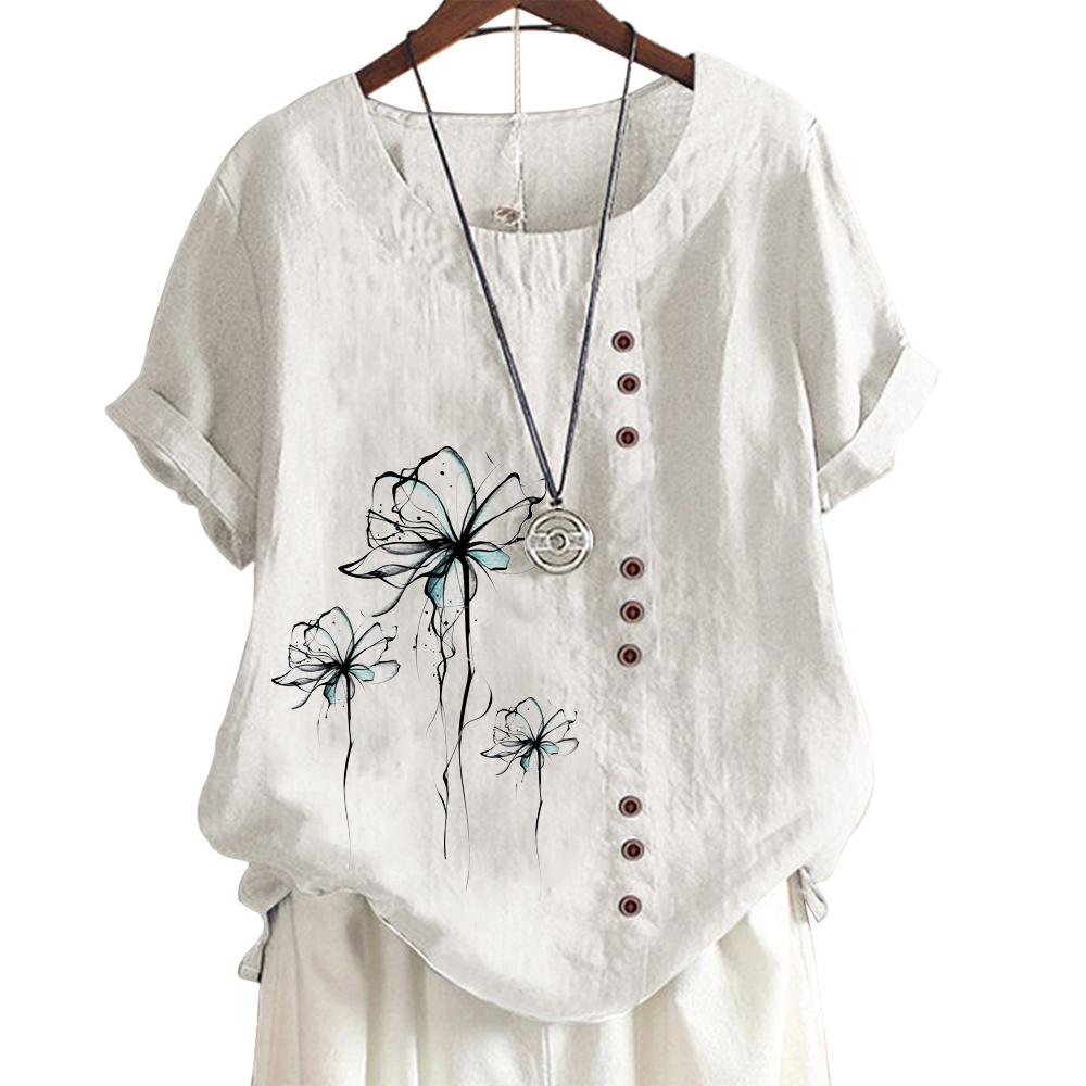 Women's Cotton Relaxation Top with 7 Artistic Print Patterns, Round Neck, Short Sleeves, Button Embellishments