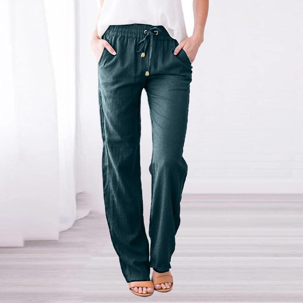 Spring and Summer Women's Solid Color Cotton and Linen Drawstring Loose Casual Wide-leg Trousers