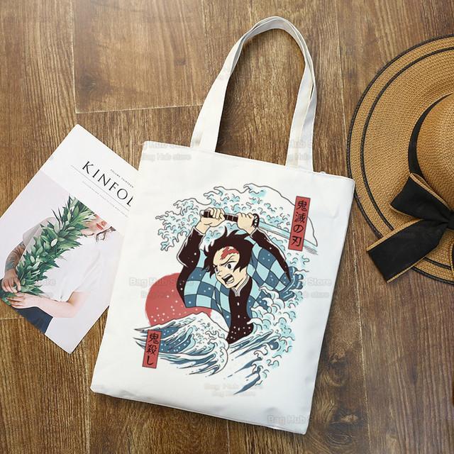 Tanjiro Nezuko Demon Slayer Холст Сумка Harajuku Женский Kimetsu No Yaiba Сумка для покупок Колледж Оригинальная сумка через плечо Ежедневное использование