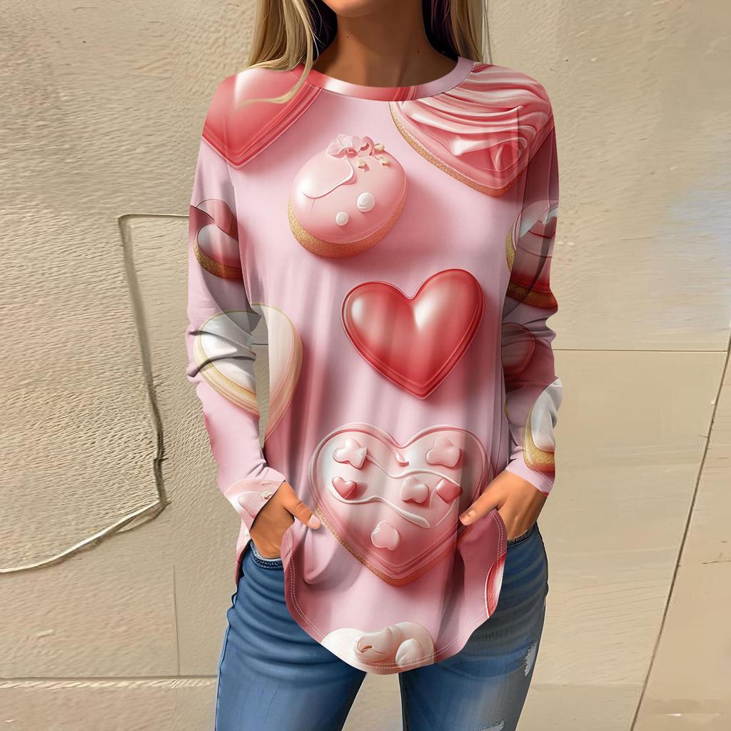 Tee Shirts For Women Casual Round Neck Long Sleeve Shirts Valentine's Day Printing Top Pullover
