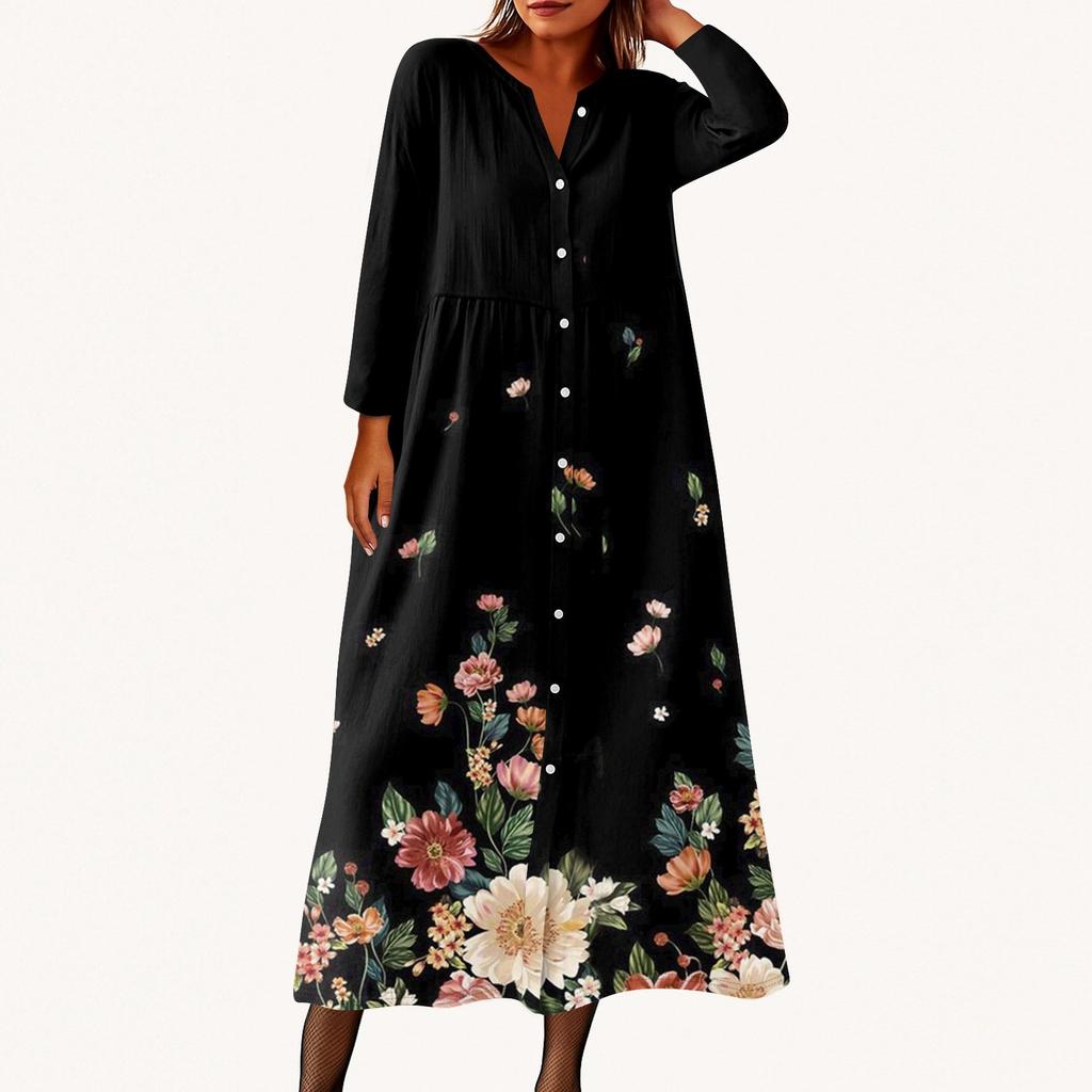 Женское модное платье-рубашка свободного кроя с принтом, круглым вырезом и рукавами семь четвертей на пуговицах