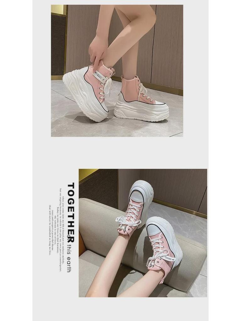 Осень 2024 г. Женские высокие повседневные кроссовки на толстой подошве, визуально увеличивающие рост, с круглыми носами для уличного стиля.