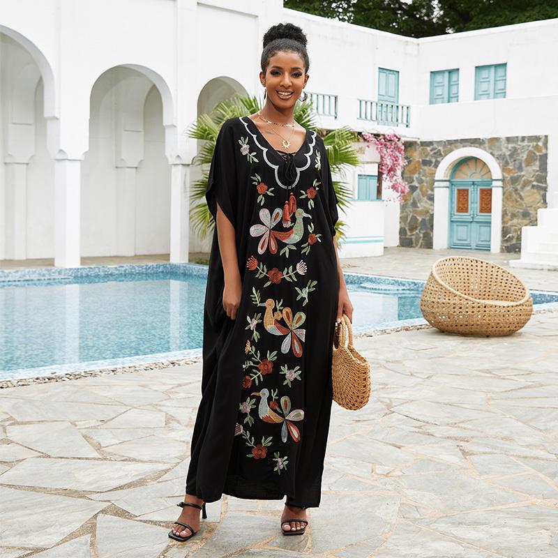 EDOLYNSA Sexy Kaftan Dress Women Plus Size Beach Wear 2023 Bohemian Tie Dye Striped Bikini Cover-ups Long Tunic Swim Suit Cover Up Q1517