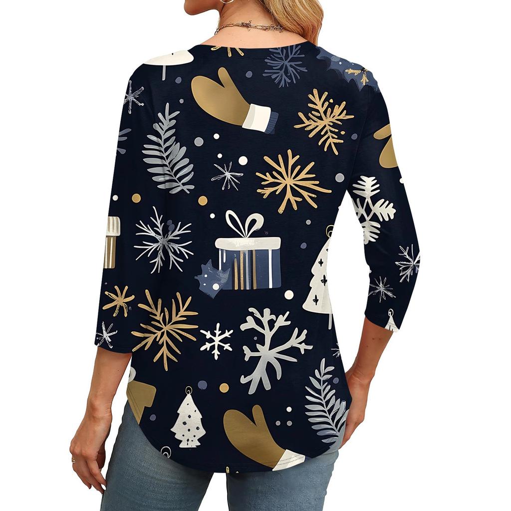 Женская модная футболка с круглым вырезом и рукавом 3/4 с рождественскими принтами, повседневная базовая плиссированная футболка-пуловер