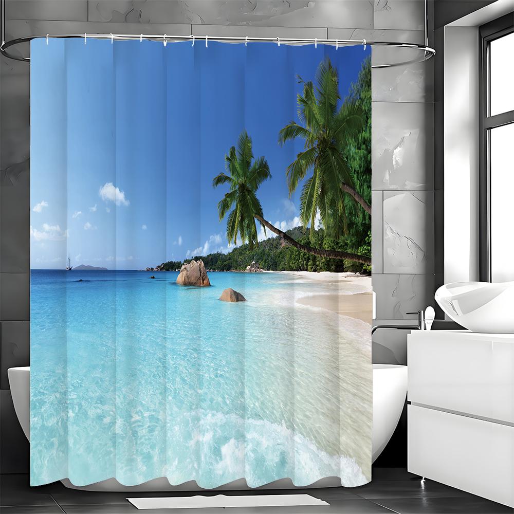 Занавеска для душа «Океанский пляж с кокосовой пальмой», Декоративная занавеска для душа для ванной комнаты, Водонепроницаемая занавеска для душа с крючками