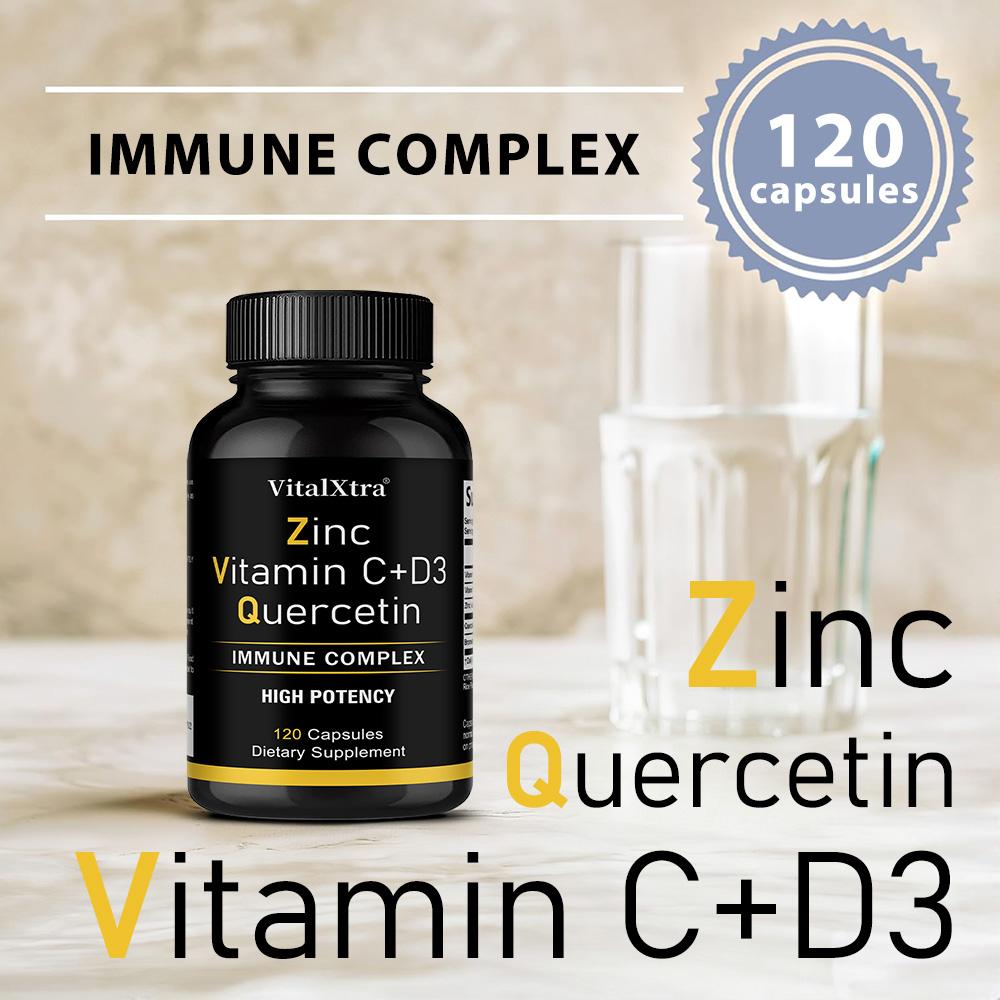 Zinc Quercetin 500 mg, containing Vitamin C, D3 and bromelain, 120 capsules, vegan formula.