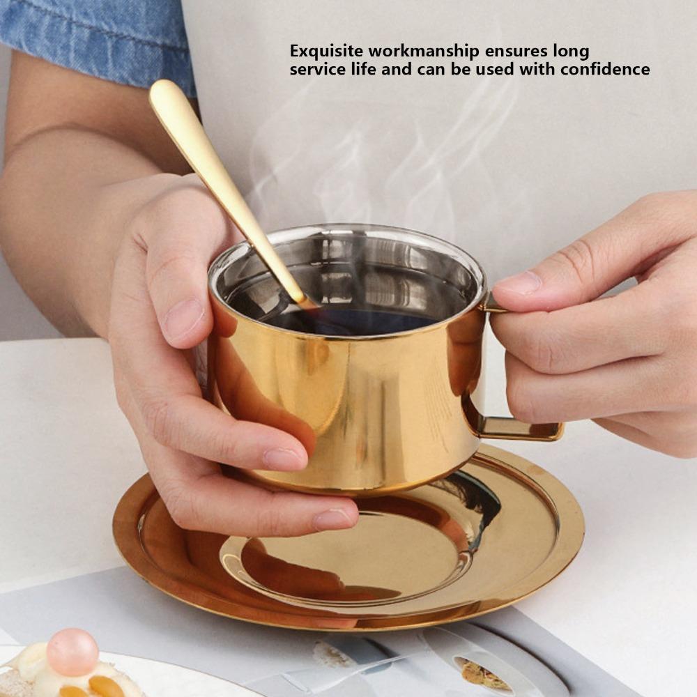 Кофейная чашка из нержавеющей стали, золотая, модный дизайн, чашки для эспрессо, практичный портативный набор чашки и блюдца, для любителей чая