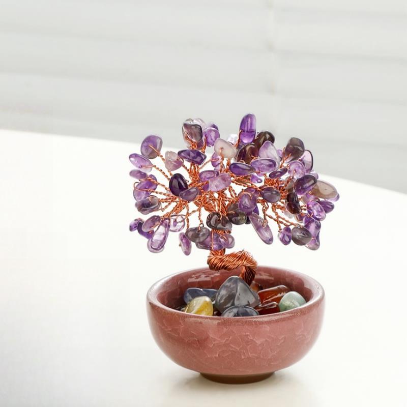 Natural Citrine Money Tree Ornament for Wealth and Healing, Pink and Purple Home Desktop Decoration
