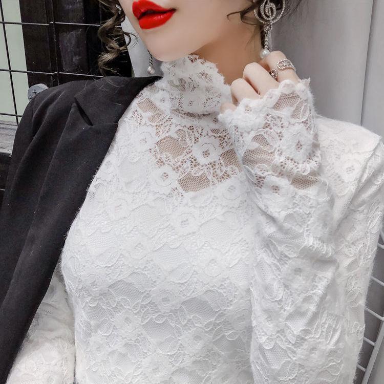 Модные женские топы больших размеров с высоким воротом и кружевом на бретельках, весна и осень, симпатичный однотонный топ-майка