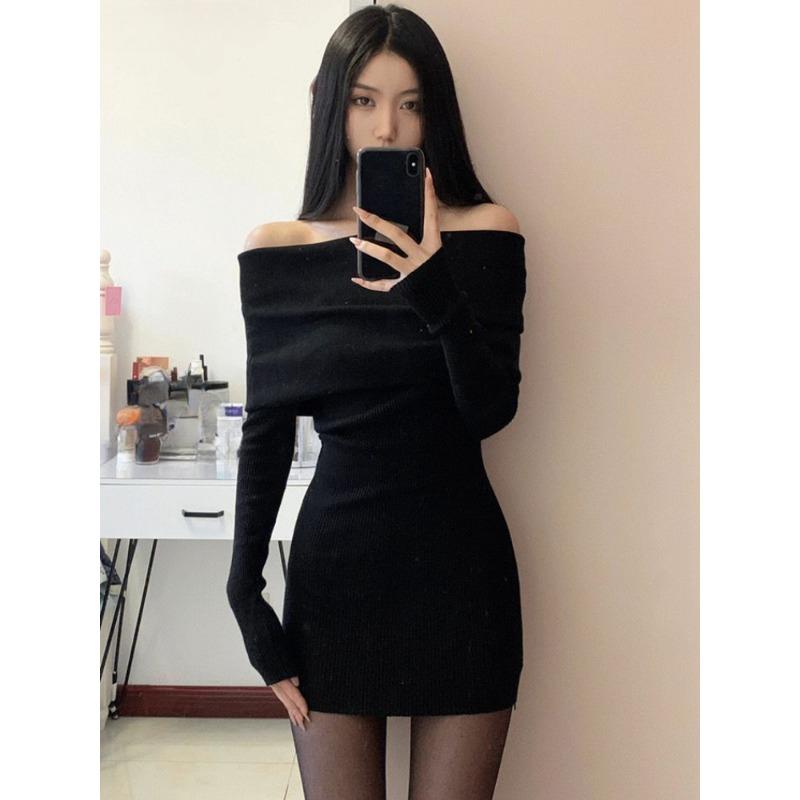 Сексуальные платья женские с открытой спиной вязаные тонкие Y2k девушки нежные корейские стиль мягкие повседневные осенние с вырезом-лодочкой горячая сладкая уютная новая клубная одежда