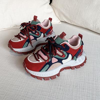 Корейская версия платформенных кроссовок-папы женские 2025 весна и осень новая ретро цветовая гамма повседневные кроссовки на танкетке на среднем каблуке