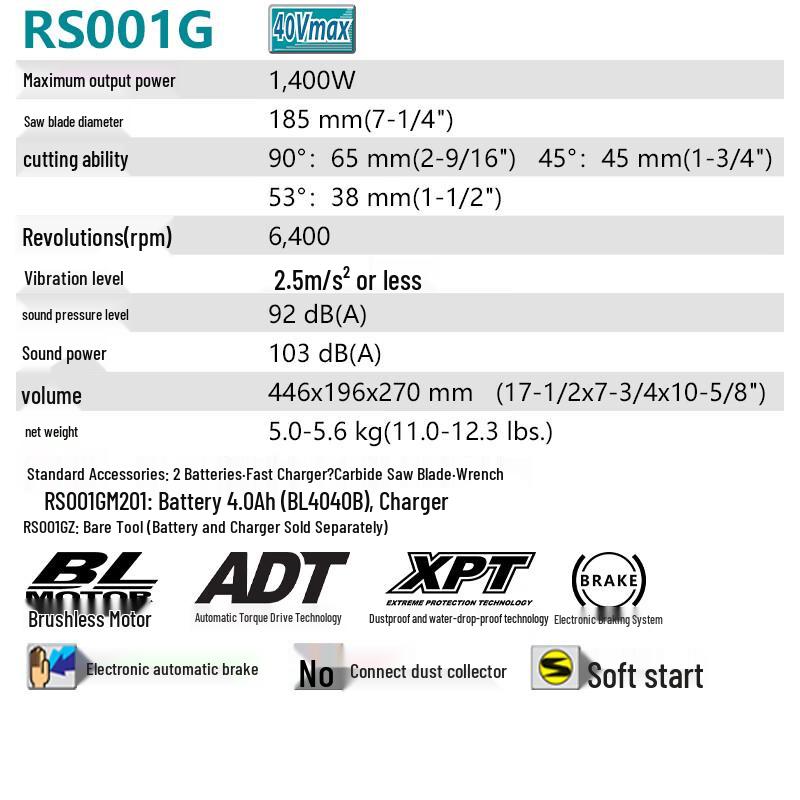 Makita RS001GZ 185мм Аккумуляторная циркулярная пила CN вилка (адаптер в комплекте)