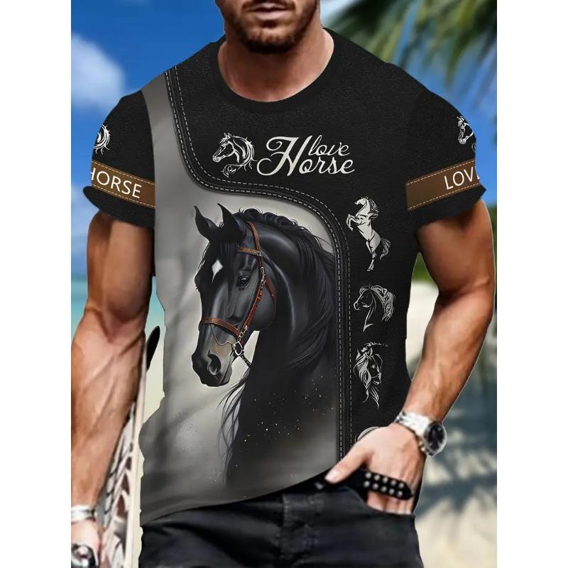 Black White Horse Graphic 3d Full Print T-shirt For Men Fashion Short Sleeve Crew Neck Tshirt Casual Summer Oversized Top