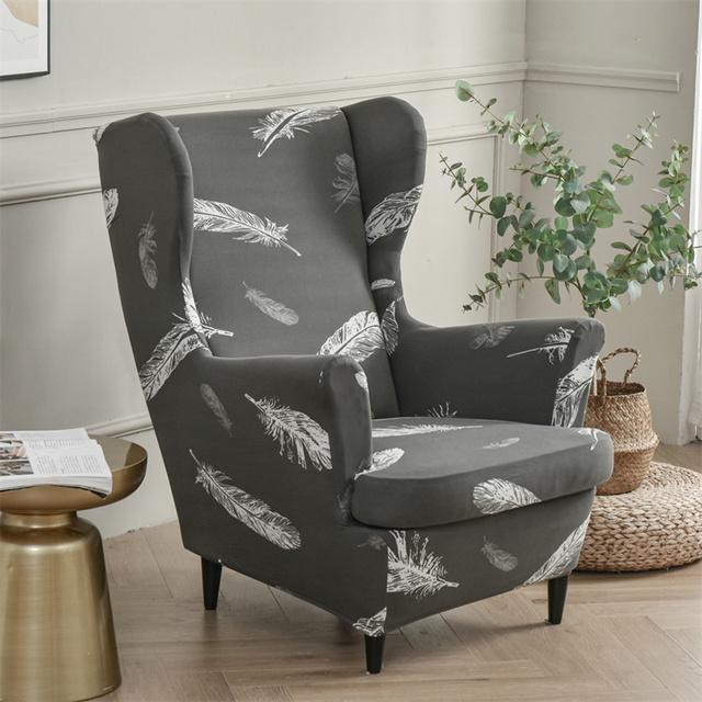 Feather Pattern Wing Chair Cover Stretch Spandex Armchair Covers Removable Relax Single Sofa Slipcovers With Seat Cushion Covers