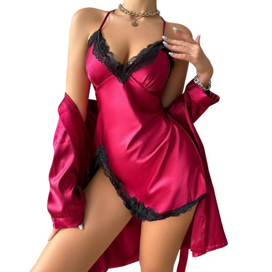 Женские сексуальные атласные шелковистые пижамные комплекты, кружевная ночная рубашка с халатом, мини-ночная рубашка, костюм из 2 предметов, сорочка, одежда для сна