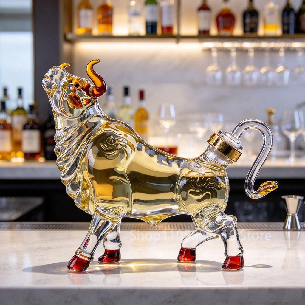 Bull Shaped Glass Decanter, Lead-Free Hand-Blown Whiskey Liquor Bottle, Bull Market Fortune Wine Decanter, Unique Home Bar Decor
