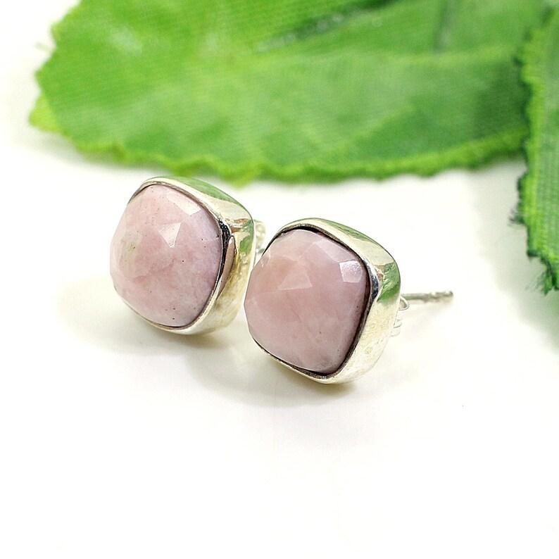 Solid 925 Sterling Silver Pink Opal Cushion Studs Earrings Handmade Jewelry Gift For Her