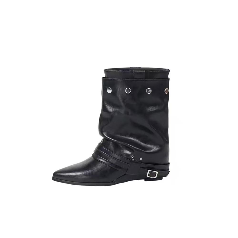 Pointed Leg Boot 2027 Fall New Retro Belt Buckle Studded Pile-Up European and American Short Boots Black Boots