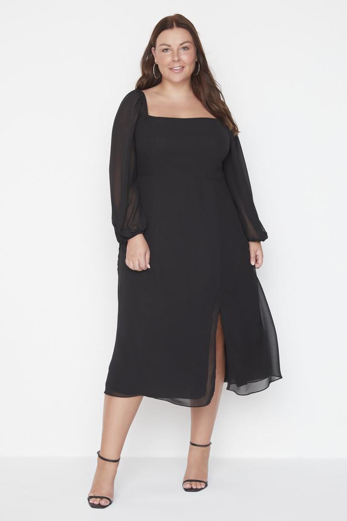 Women's Style Plus Size Black Plus Size Square Neck Slit A-Line Midi Woven Chiffon Dress