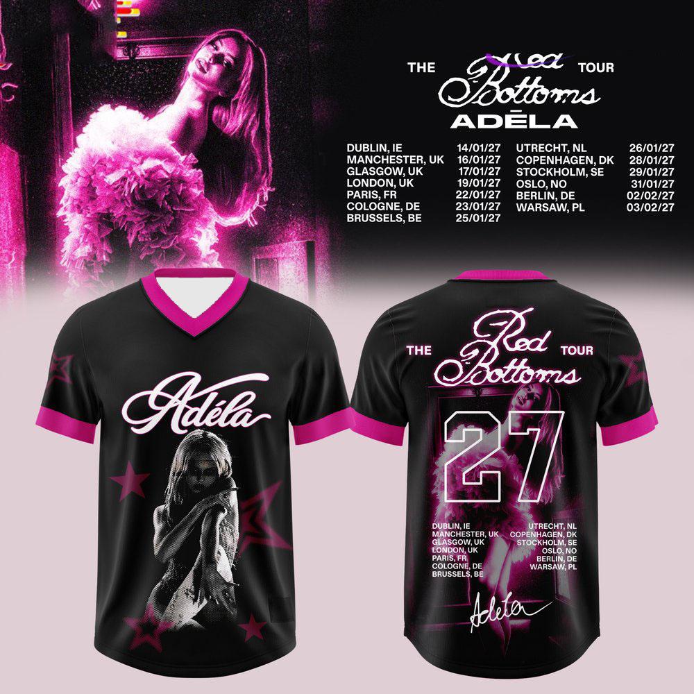 Adela Adéla The Red Bottoms Tour 2027 Soccer Jersey V Neck Pink Trim Short Sleeve Mesh Football Shirt Women Men T-shirt Print