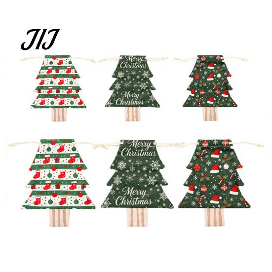 Flannel Christmas Decorations Tree Shaped Drawstring Gift Bags, Xmas Hanging Treat Sacks, Seasonal Home Decor Holiday Candy Small Storage Pouches for