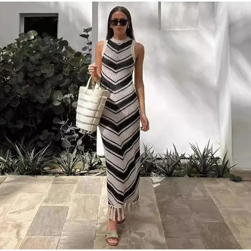 Трикотажное полосатое платье в стиле пэчворк с кисточками, женское облегающее платье с круглым вырезом без рукавов, миди-платья, весна 2024, новые женские уличные халаты