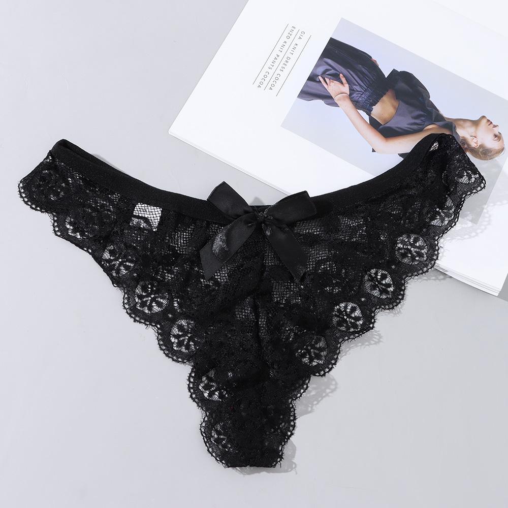 T-back Transparent Underpants Lace Flowers Thong Hollow Bow Panties Women's Underwear G String