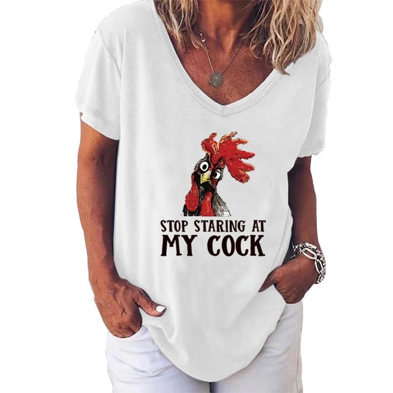 Модные весенние блузки с принтом петуха, футболки с V-образным вырезом и короткими рукавами, повседневные