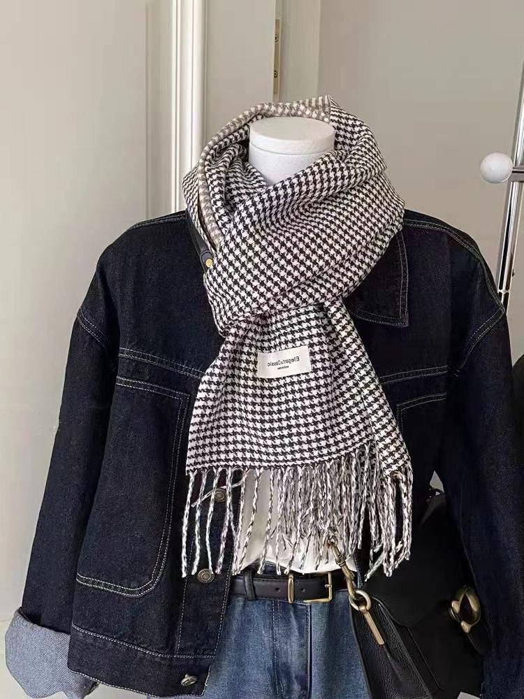 New Women's Winter Scarf Imitation Wool Classic Houndstooth Tassel Academy Style Student Scarves Elegant Fashion Accessories