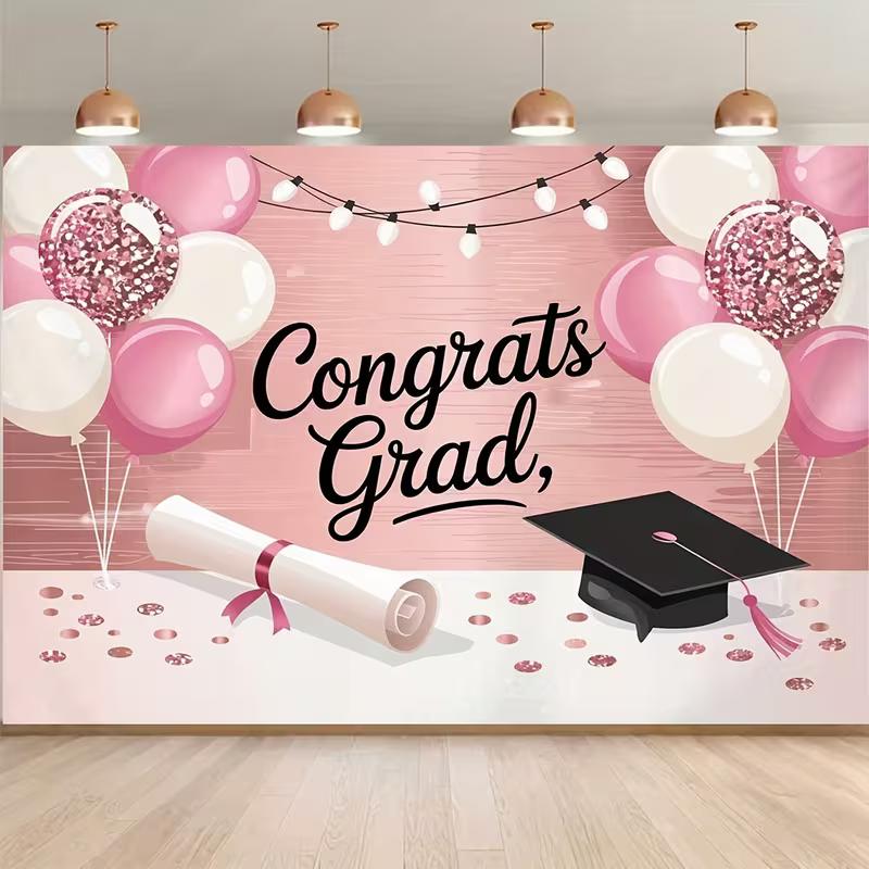 2D Flat Graduation Backdrop Pink "Congrats Grad" Themed Background Cloth