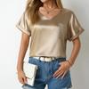 Women's Spring and Summer Solid Color Satin Top Loose Pocket Curled Short Sleeve Casual Blouses & Shirts