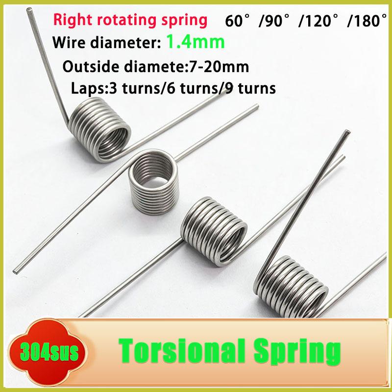 10pcs 1.4mm Wire 304 Stainless Steel Right-Hand Torsion Spring 3/6/9 Coils 60-180 Degree Corrosion Resistant Torsion Spring