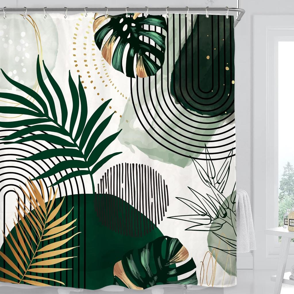 Abstract Leaves Shower Curtain Set Emerald Green Modern Tropical Mid Century Simple Minimalist Chic Polyester Waterproof Cloth